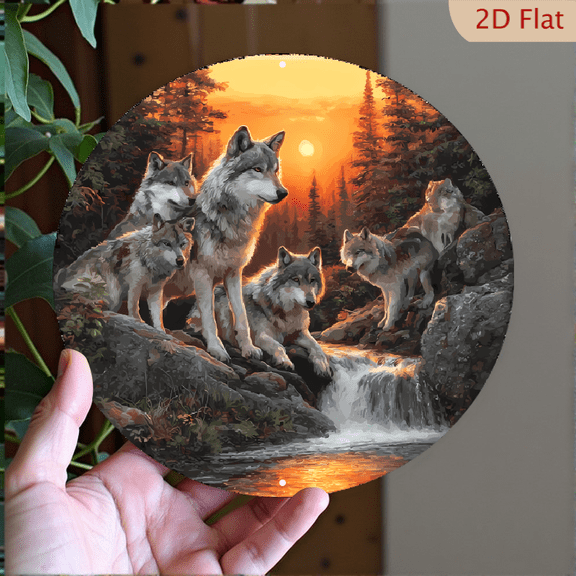 "Sunset Wolf Pack" Wilderness Scene Wall Art Decor, 8" Round Aluminum Wall Art Sign, Metal Signs, Wall Decor For Door, Office, Bedroom Decor, Best Gifts For Room, Home, Bathroom Decor, Weird, 2D Flat
