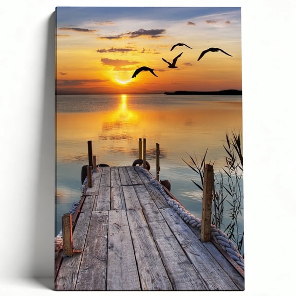 Sunset Wooden Dock Seagull Lake Landscape Framed Canvas Wall Art - Coastal Nature Decor For Living Room Bedroom, Serene Waterfront Scenery Art 16*24inch(40*60cm)