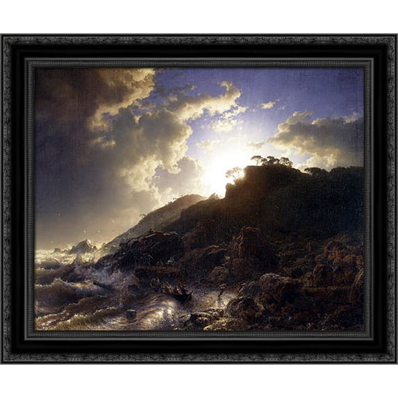 Sunset after a Storm on the Coast of Sicily 24x20 Black Ornate Wood Framed Canvas Art by Achenbach, Andreas