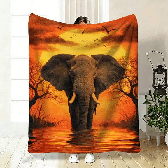 Sunset and African Elephant Digital Print Flannel Blanket. Soft and Warm for Sofa, Bed, Travel, Camping and Living Room.