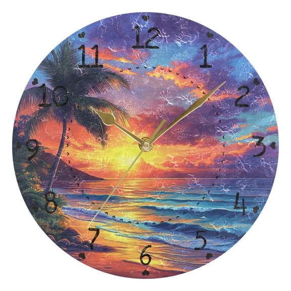 Sunset and Beach Round Wall Clock Silent Battery Operated Home Decor for Living Room Bedroom