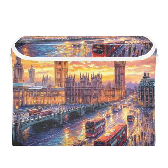 Sunset and Bus Large Storage Bins with Linen Collapsible Lid Storage Box 16.7 x 12.6 x 11.8in