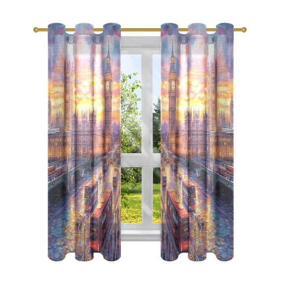 Sunset and Bus Semi Sheer Curtains for Living Room Bedroom Set of 2 Insulated Window Drapes
