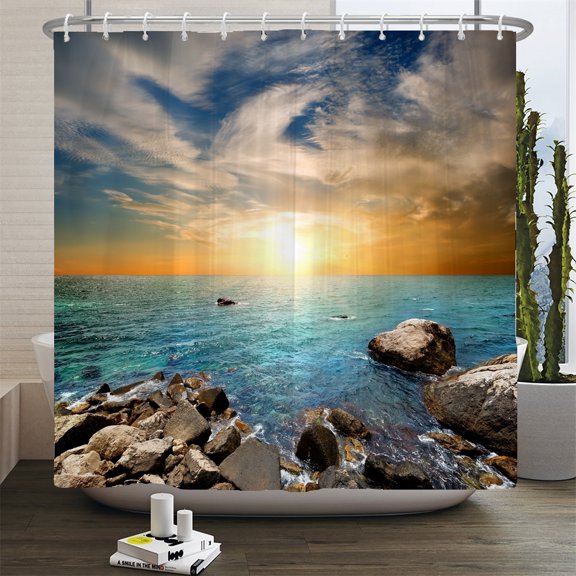 Sunset and Dusk Beach Scery Shower Curtain Scery Seaside 3D Printed Bathroom Cur