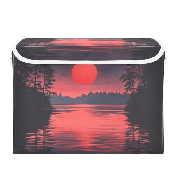Sunset and Lake Large Storage Bins with Linen Collapsible Lid Storage Box 16.7 x 12.6 x 11.8in
