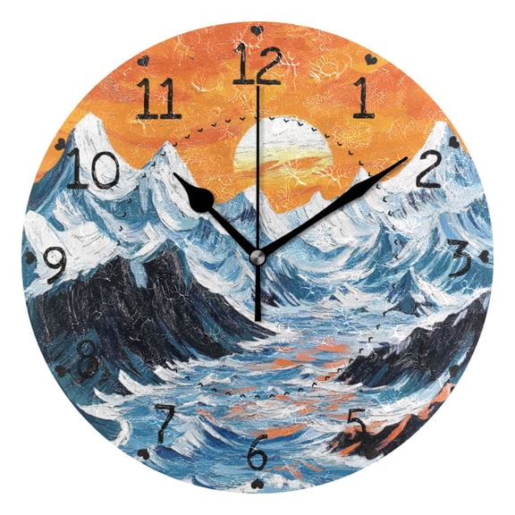 Sunset and Mountains Round Wall Clock Silent Battery Operated Home Decor for Living Room Bedroom