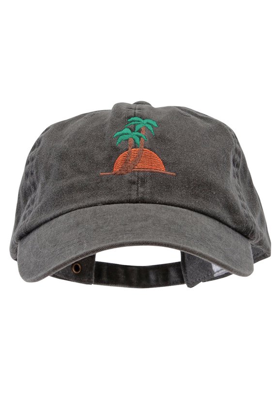Sunset and Palm Trees Embroidered Pigment Dyed Wash Cap - Black OSFM