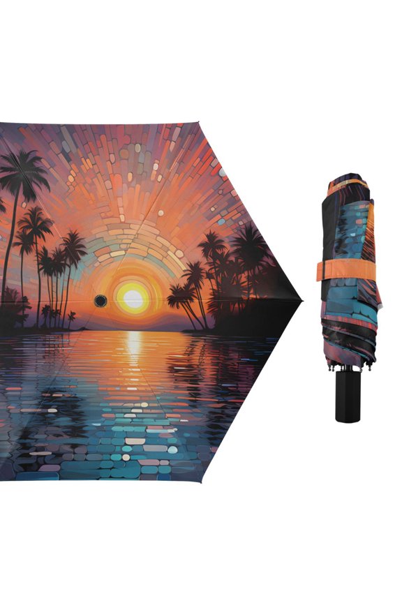 Sunset and Sea Compact Sun Umbrella Windproof Travel Umbrellas for Rain Strong Portable UV Protection