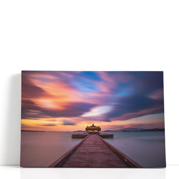 Sunset and a Wooden Pier - Wrapped Canvas Print Wall Art | 18" W x 12" H