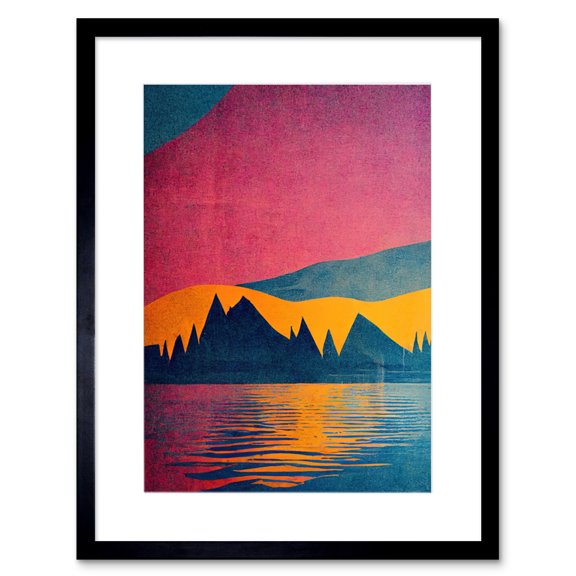 Sunset at Lakeside Modern Colourful Pop Art Design Artwork Framed Wall Art Print 9X7 Inch