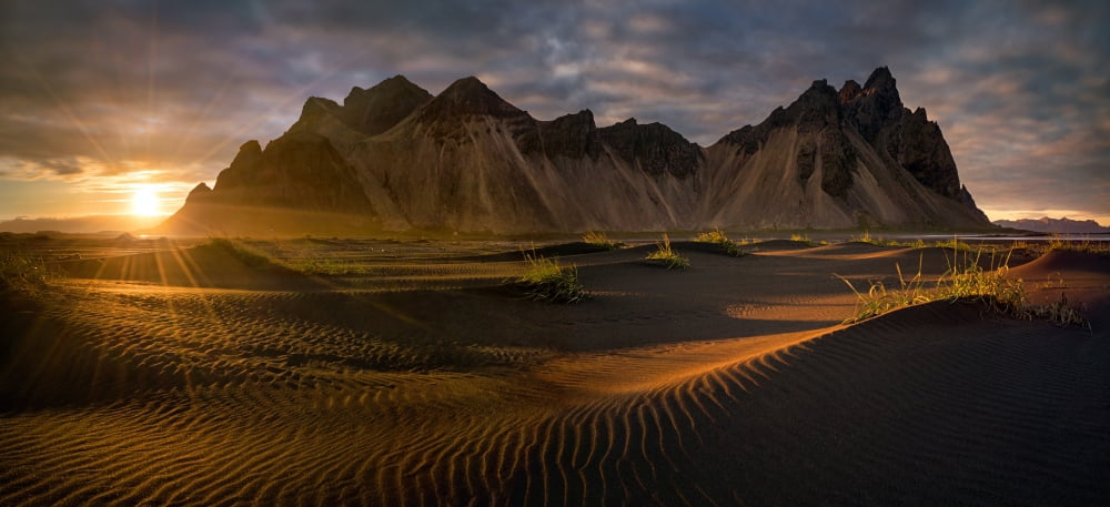 Sunset at Stokksnes Beach Iceland Canvas Art - Panoramic Images (14 x 30)