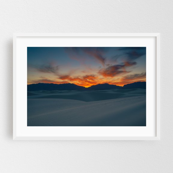 Sunset at White Sands - New Mexico Photography Desert Sunset Nature Landscape Scenic Minimalist Mountain White Framed Wall Art Print 5 x 7 inches
