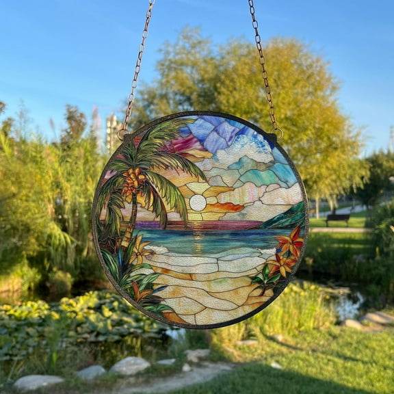 Sunset at the Beach Painted Stained Glass Suncatcher, Window Hanging Decor, Outdoor Sun Catcher Decor, Landscape Decor, Coastal Art