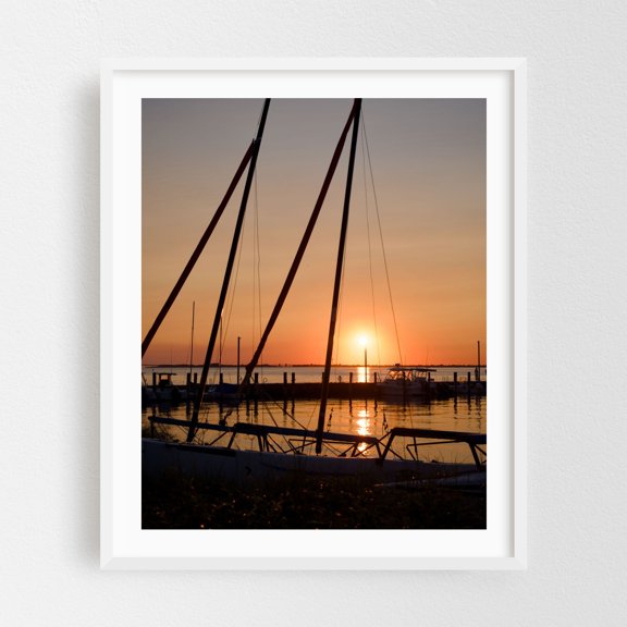 Sunset at the Docks - Fire Island New York Photography Sunset Boat Harbor Scenic Coast Landscape White Framed Wall Art Print 8 x 10 inches