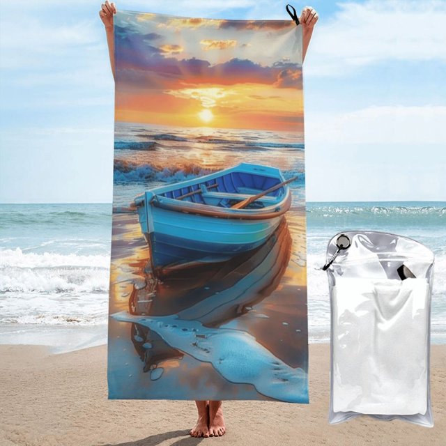 Sunset boat Microfiber beach towel, large sand pool camping travel