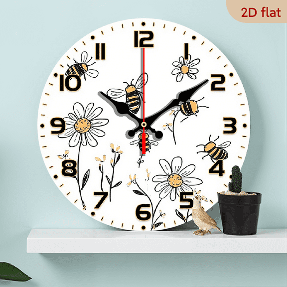 2D Flat 1pc 10Inch Simple Line Drawing of Several Bees FlyingWood Veneer Round Silent Flat Wall Clock - Batteries Not Included - Ideal for Living Room, Kitchen Aesthetic Home and Office