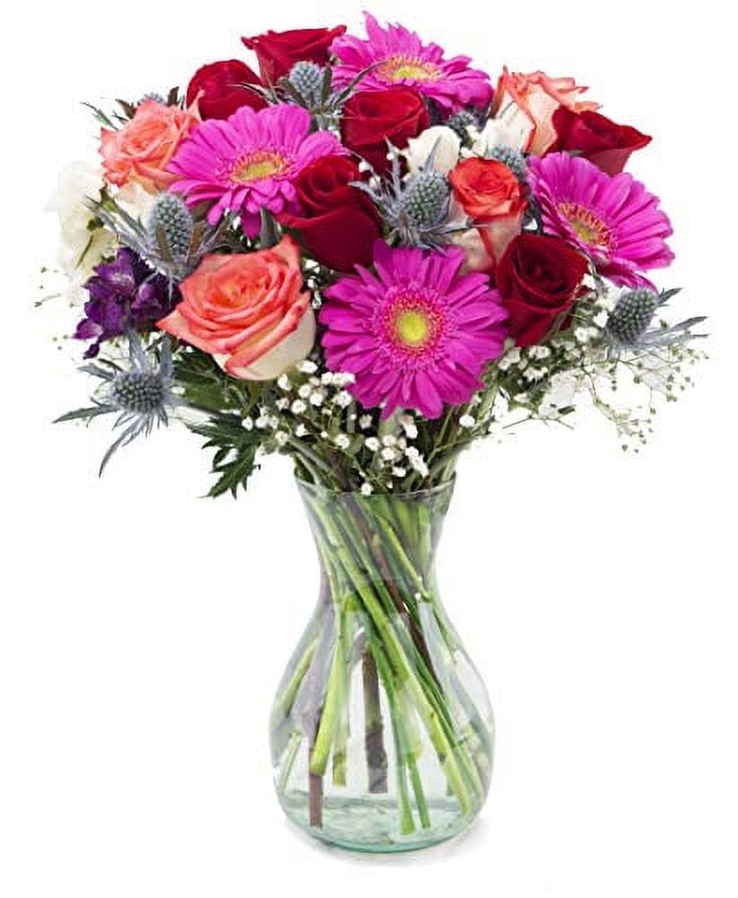 Sunset by Arabella Bouquets Roses, Gerber Daisy, Carnation, Alstromeria with Elegant Hand-Blown Glass Vase