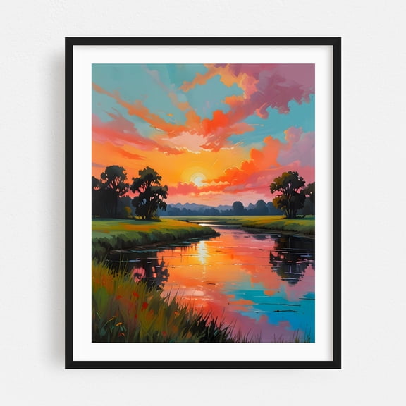 Sunset by the River - India Painting Sunset Landscape Nature Scenic Pastoral Black Framed Wall Art Print 11 x 14 inches