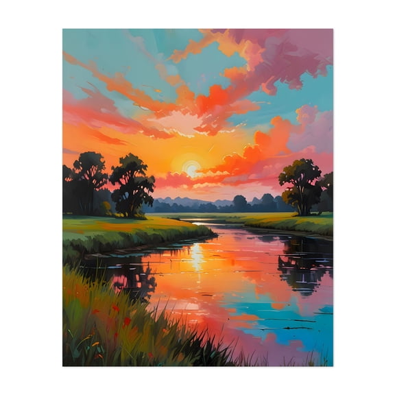 Sunset by the River - India Painting Sunset Landscape Nature Scenic Pastoral Unframed Wall Art Print 6 x 8 inches