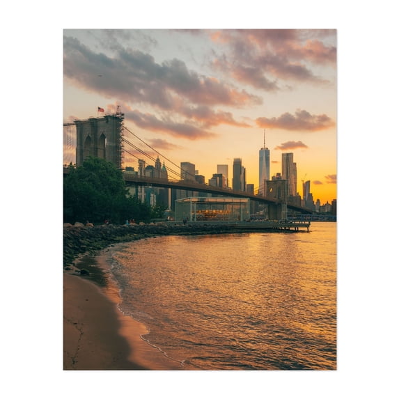 Sunset from DUMBO 04 - Brooklyn New York Photography City Sunset Skyline Bridge Water Architecture Unframed Wall Art Print 20 x 24 inches