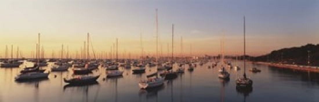 Sunset & harbor Chicago IL USA Canvas Art - Panoramic Images (18 x 6)