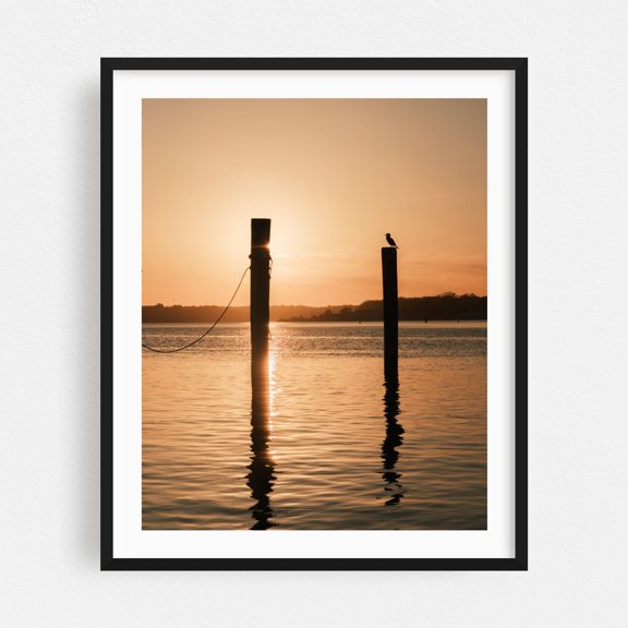 Sunset in Belmar - Belmar New Jersey Photography Sunset Silhouette Seascape Bird Minimalist Water Nature Black Framed Wall Art Print 18 x 24 inches