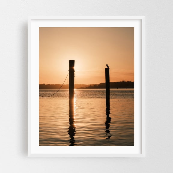 Sunset in Belmar - Belmar New Jersey Photography Sunset Silhouette Seascape Bird Minimalist Water Nature White Framed Wall Art Print 18 x 24 inches