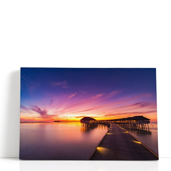 Sunset in Maldives Island, Water Villas - Wrapped Canvas Print Wall Art | 18" W x 12" H