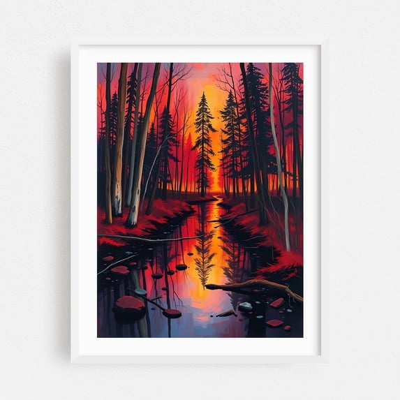 Sunset in the Forest - Painting Forest Nature Autumn Woodland Mystical Sunset White Framed Wall Art Print 6 x 8 inches