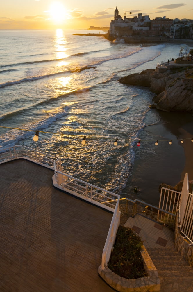 Sunset in the beautiful Sitges downtown a village near to Barcelona Sitges Spain Canvas Art - Luis Martinez Design Pics (24 x 38)