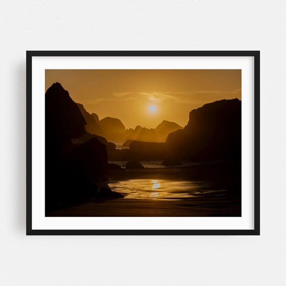 Sunset light softly illuminates rugged coastal formations - Oregon Photography Sunset Silhouette Seascape Beach Ocean Landscape Coast Black Framed Wall Art Print 5 x 7 inches