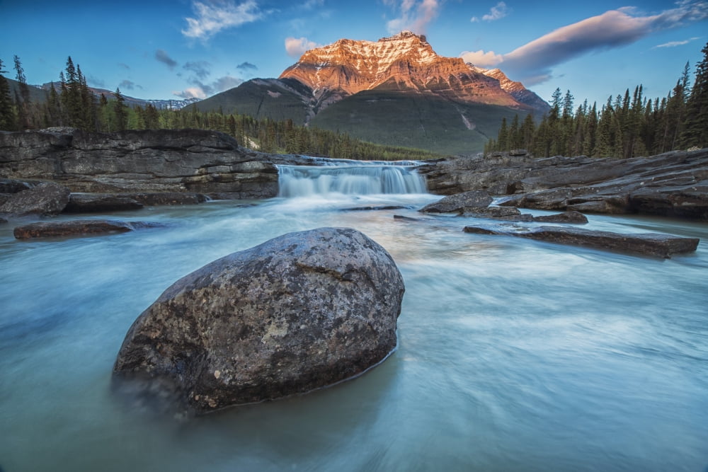 Sunset lights up Mount Fryatt as the Athabasca River flows over Athabasca Falls in Jasper National Park Alberta Canada Canvas Art - Robert Postma Design Pics (19 x 12)