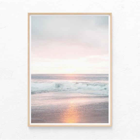 Sunset ocean Poster pastel beach photography calm wave wall art Poster, Poster Only