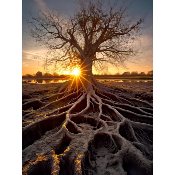 Sunset on Ancient Tree Atmospheric Photograph Large Roots Autumn Unframed Wall Art Print Poster Home Decor Premium