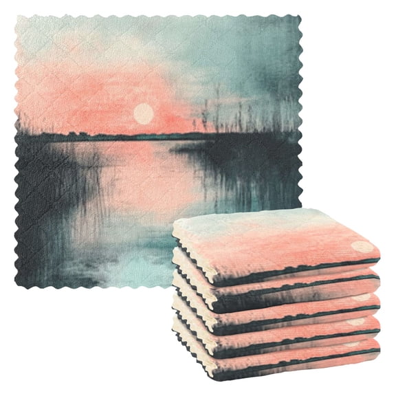 Sunset on The Lake Kitchen Cloth Dish Towels for Drying Washing Absorbent Dish Rags Reusable soft kitchen dishcloth set 6 Pack