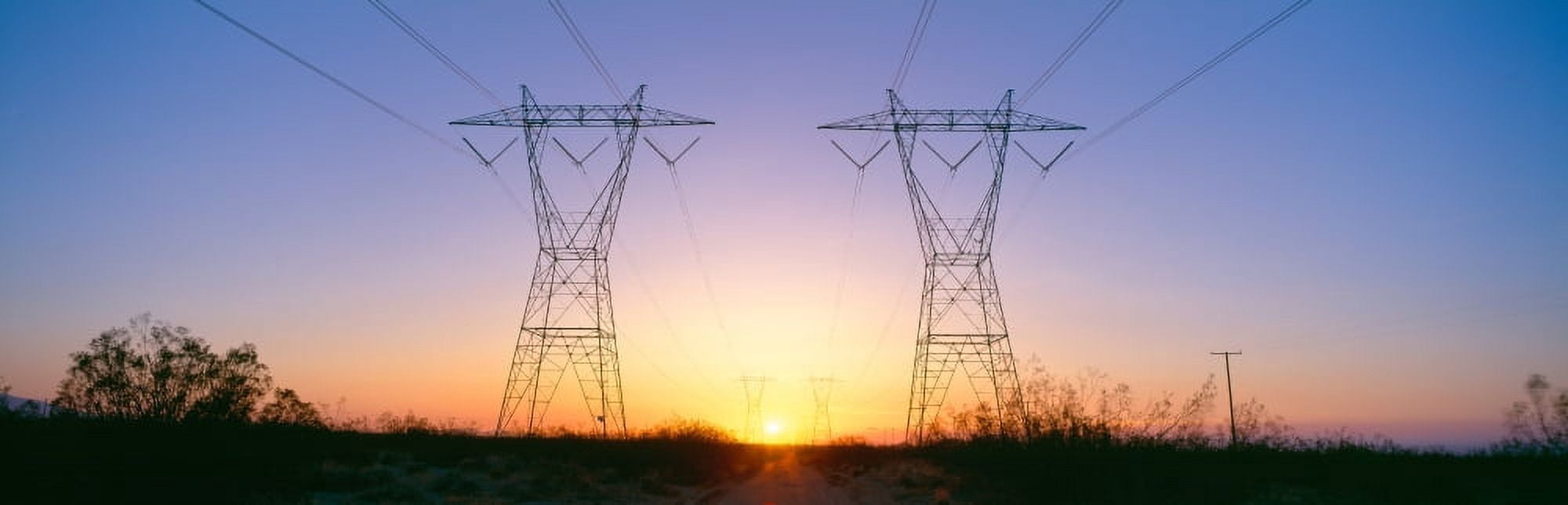 Sunset on electrical transmission towers near Lancaster California Canvas Art - Panoramic Images (27 x 9)