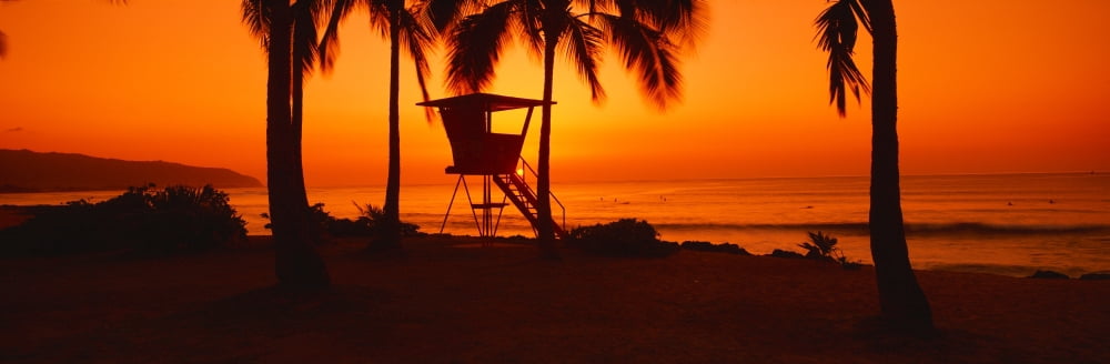 Sunset on lifeguard tower at Wailua Bay North Shore Oahu Hawaii Canvas Art - Panoramic Images (36 x 12)