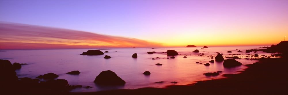 Sunset on rocky Pacific shoreline Northern California Canvas Art - Panoramic Images (36 x 12)