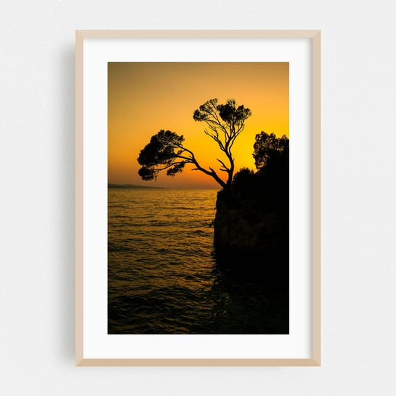 Sunset on the cliff - Photography Sunset Silhouette Seascape Nature Coast Ocean Scenic Oak Framed Wall Art Print 24 x 36 inches
