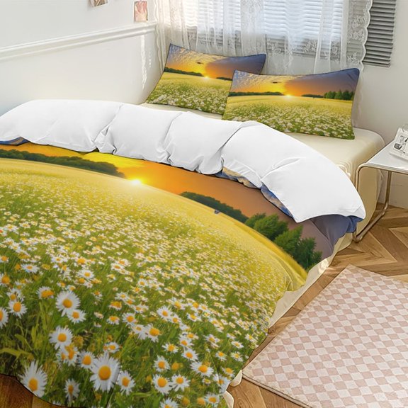 Sunset over Daisy Field Bedding Set Couple Bedclothes Pillowcase Customized Home Textiles Bed Set for Bedroom Decoration
