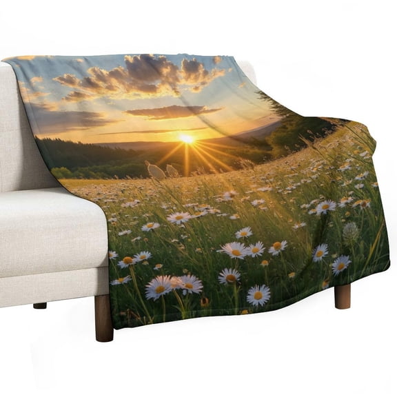 Sunset over Daisy Field Blanket Soft Cozy Flannel Blanket for man women