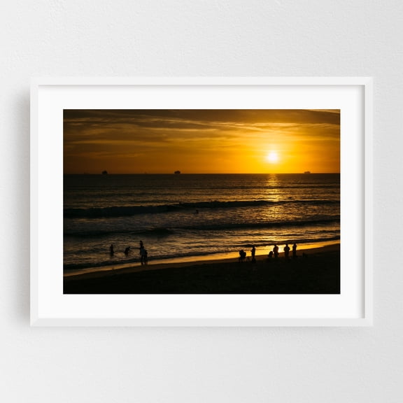 Sunset over Huntington - Huntington Beach California Photography Sunset Beach Ocean Coastal Waves Scenic White Framed Wall Art Print 20 x 30 inches