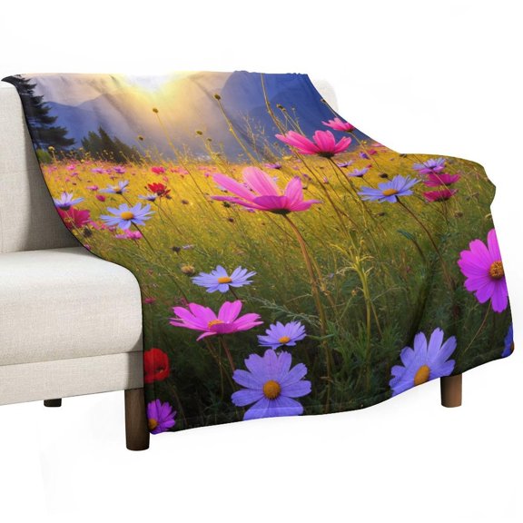 Sunset over Mountain Flower Field Blanket Soft Throw Warm Lightweight Plush Blanket for Couch Bed Sofa