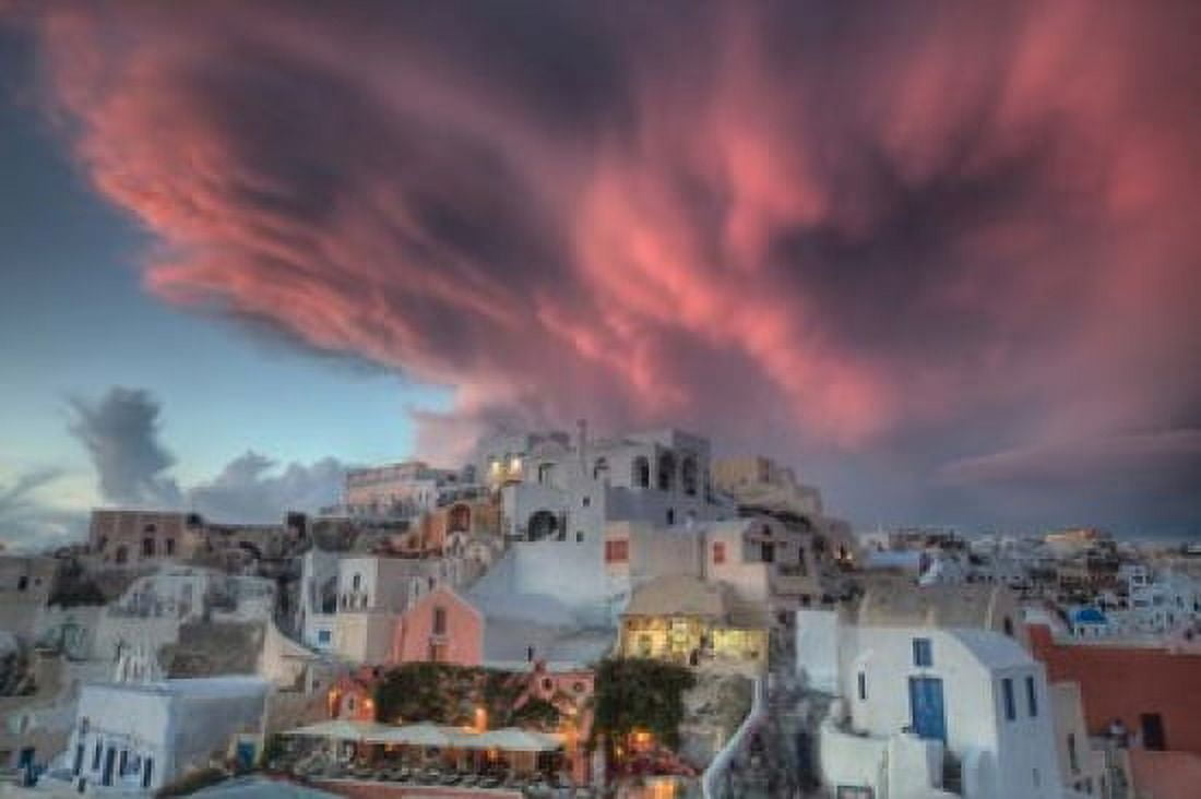Sunset over Oia Santorini Greece Canvas Art - Darrell Gulin DanitaDelimont (34 x 23)