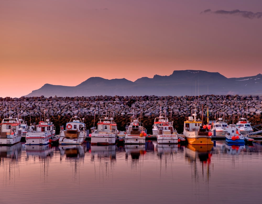 Sunset over Olafsvik Harbor Olafsvik Snaefellsnes Peninsula Iceland Canvas Art - Panoramic Images (36 x 12)