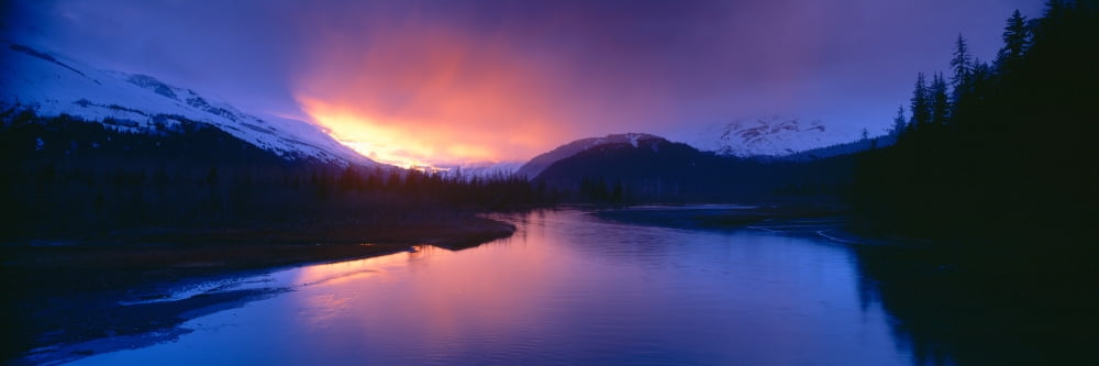 Sunset over Resurrection River and Exit Glacier at Harding ice field Seward Alaska Canvas Art - Panoramic Images (27 x 9)