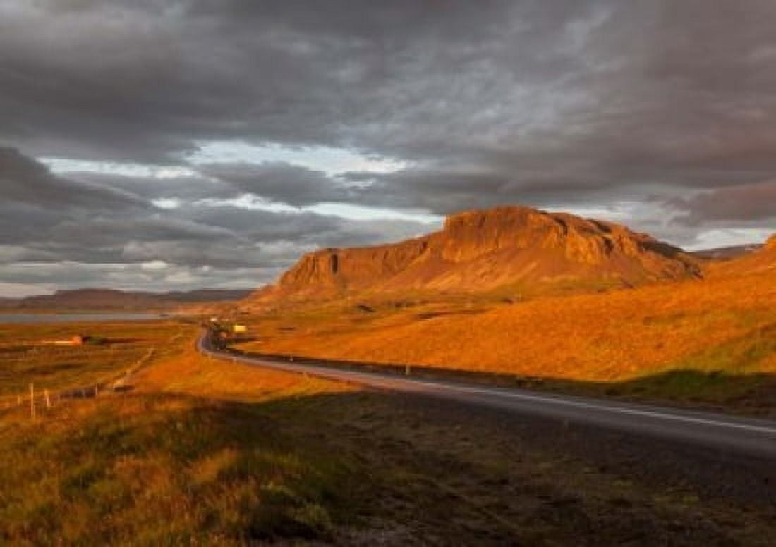 Sunset over Road Borgarfjordur Iceland Canvas Art - Panoramic Images (18 x 12)