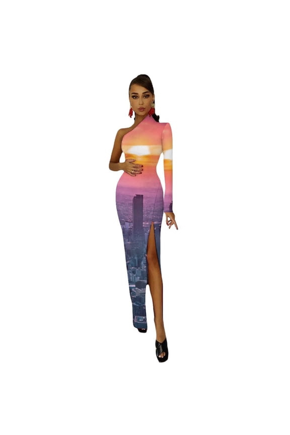 Sunset over Tokyo Half Dleeve Split Dress Female dress evening dress woman Women"s skirt long dresses for women