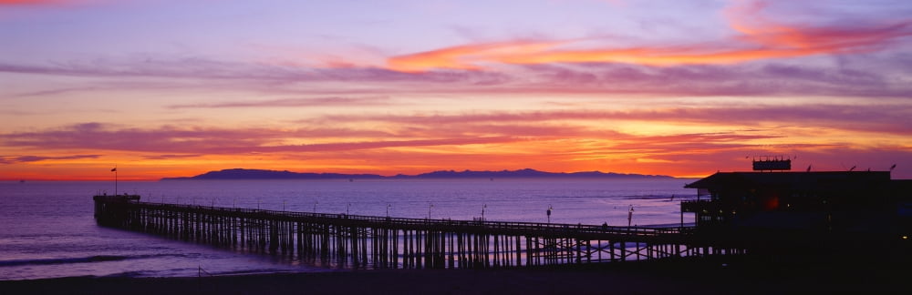 Sunset over Ventura Pier Channel Islands and Pacific Ocean Ventura California Canvas Art - Panoramic Images (27 x 9)