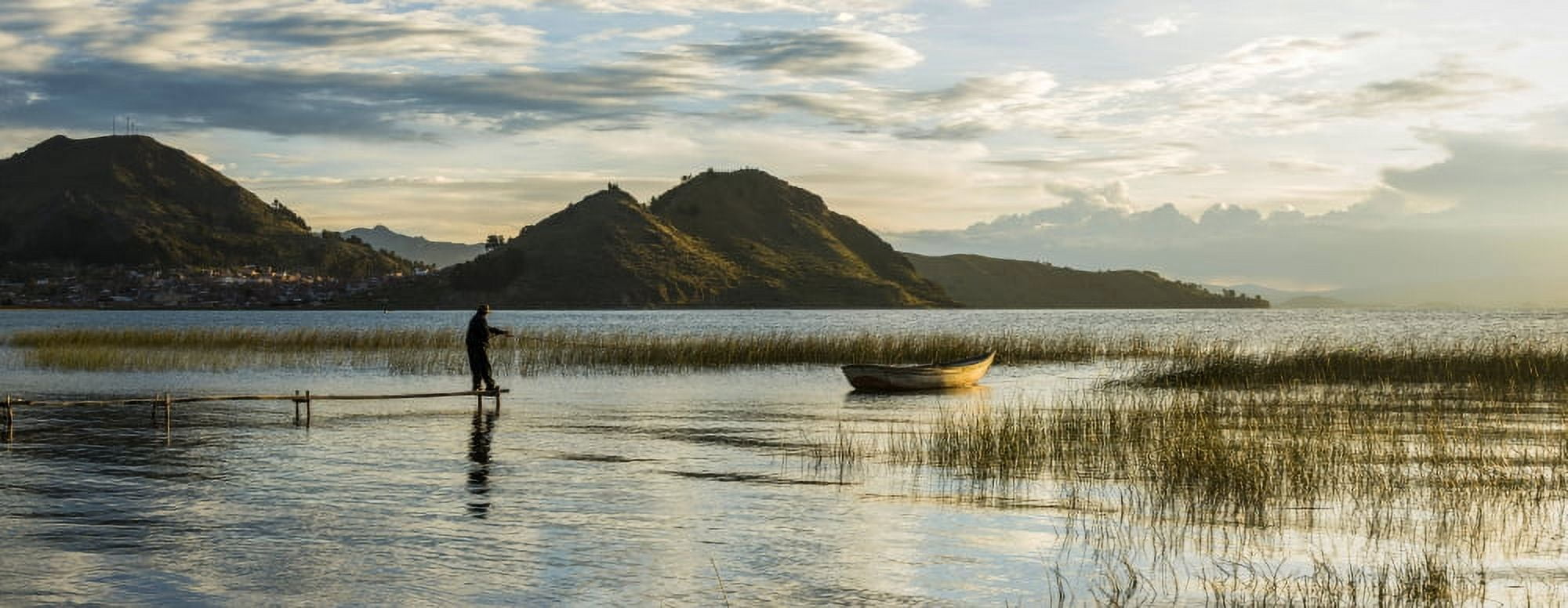 Sunset over a lake Copacabana Lake Titicaca Bolivia Canvas Art - Panoramic Images (27 x 9)